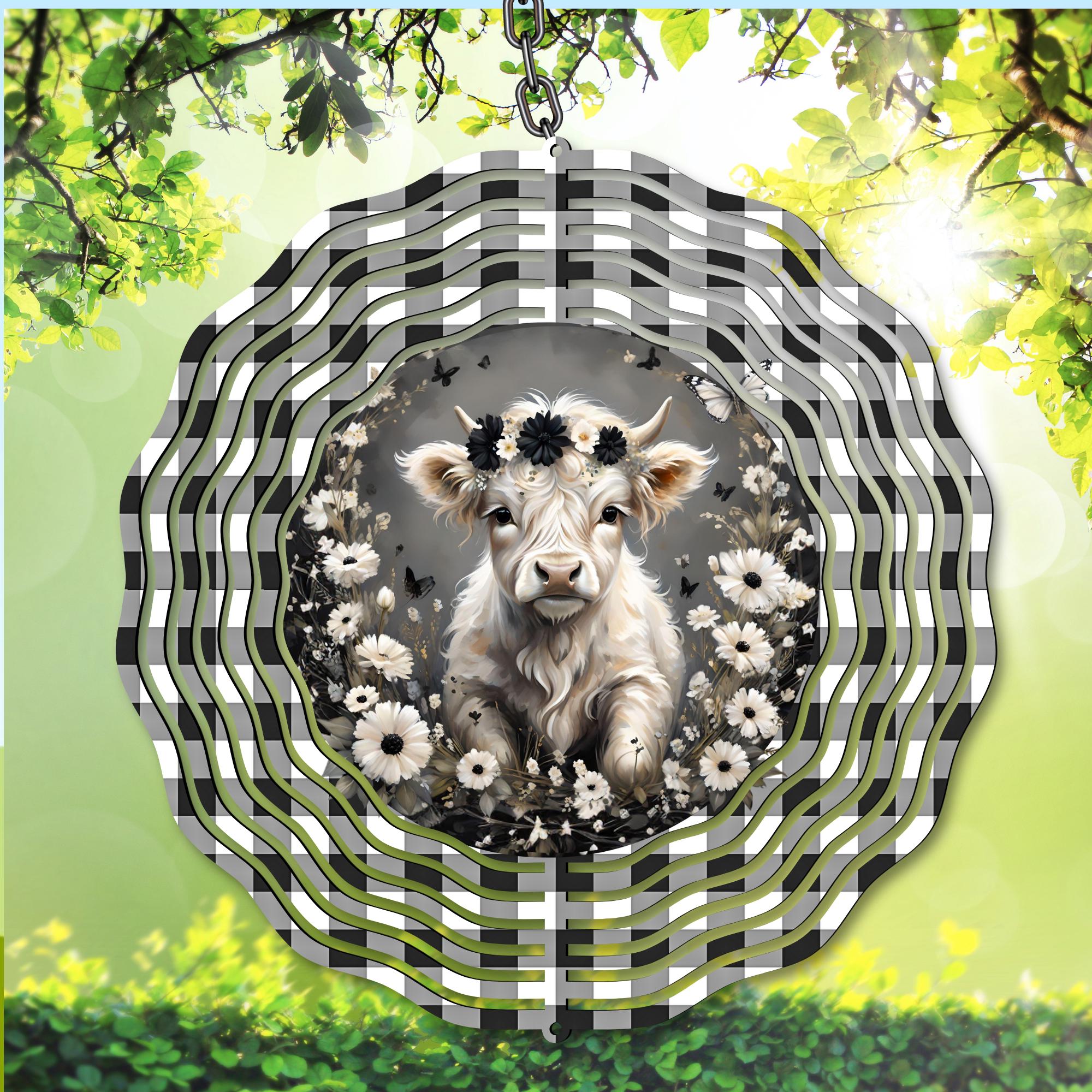 Toupie à vent Highland Cow PNG, conception par sublimation, téléchargement numérique, modèle de spinner de jardin de vache à carreaux noir et blanc, idée cadeau, vache miniature