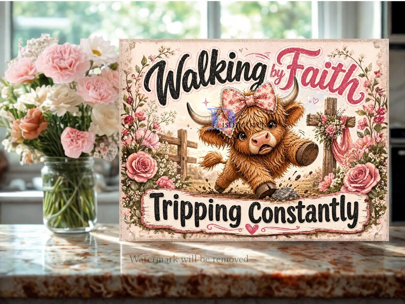 May include: A rectangular sign featuring a brown Highland cow with a pink floral bow, a wooden cross, and pink roses. The text reads Walking by Faith Tripping Constantly in black and pink script and block lettering against a light background.