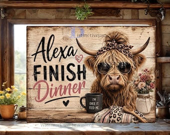 Tabla de cortar con diseño de vaca de las Tierras Altas PNG / Diseño divertido para sublimación / Alexa termina la cena PNG / Diseño de archivo de tabla de cortar / Descarga digital para regalo DIY