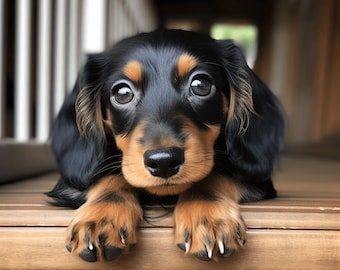 Long-Haired Dachshund Puppy Black Red - Digital Art, Avatar, AI Generated Art, Stock Photo
