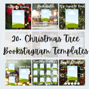 Può includere: 20+ modelli di Bookstagram a tema albero di Natale. I modelli presentano un design semplice con una collina verde e un cielo blu, perfetti per mettere in mostra le tue letture preferite.