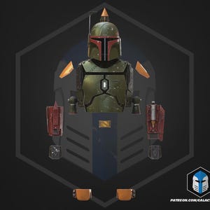 Op de afbeelding: Gedetailleerde illustratie van een Mandalorian pantser set, met een helm, borstplaat, schouderstukken, jetpacks en kniebeschermers. Het pantser is voornamelijk olijfgroen met rode en oranje accenten. De afbeelding staat tegen een donkere achtergrond met een geometrisch ontwerp.