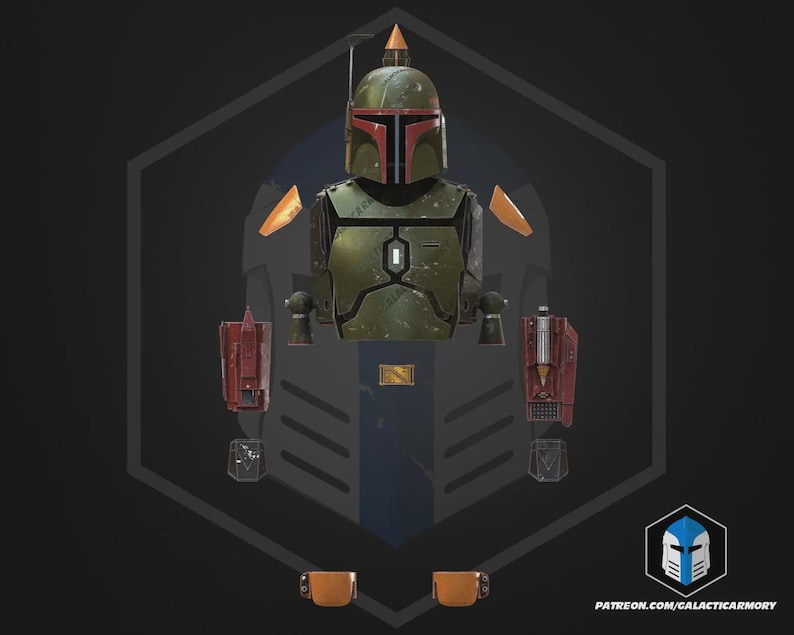 Op de afbeelding: Gedetailleerde illustratie van een Mandalorian pantser set, met een helm, borstplaat, schouderstukken, jetpacks en kniebeschermers. Het pantser is voornamelijk olijfgroen met rode en oranje accenten. De afbeelding staat tegen een donkere achtergrond met een geometrisch ontwerp.