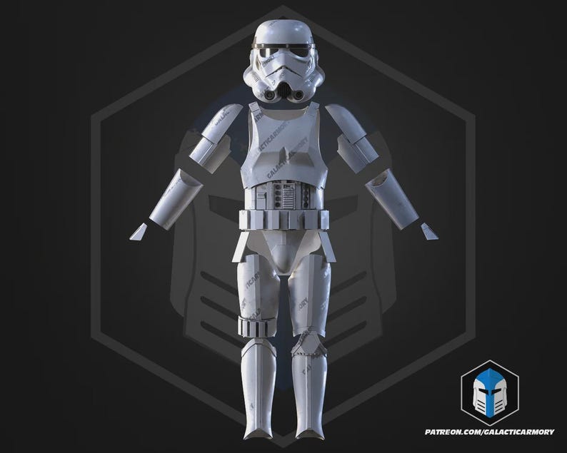May include: A white Stormtrooper armour suit, featuring a helmet, chest plate, and leg armour. The suit is displayed against a dark background with a geometric design. The text "GALACTIC ARMORY" is visible on the armour. The image also includes a logo and a website address.