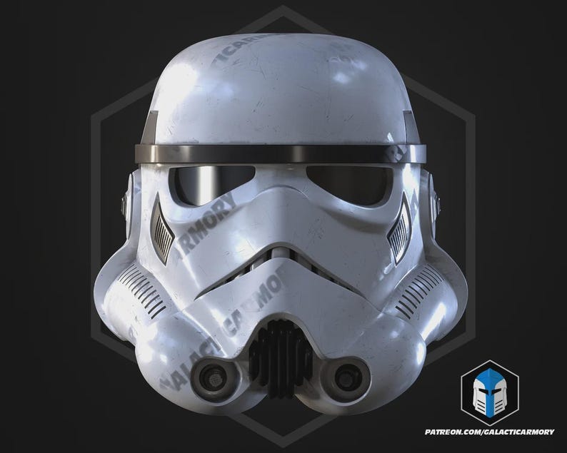 May include: A white Stormtrooper helmet with black detailing, showing a detailed design. The helmet has a weathered look and includes the text "GALACTIC ARMORY" and "PATREON.COM/GALACTICARMORY".