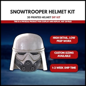 May include: A Snowtrooper helmet kit for cosplay and display. The white helmet has a detailed design with a black face mask and three circular vents. The text on the image says "HIGH DETAIL, LOW PREP WORK" and "CUSTOM SIZING AVAILABLE".