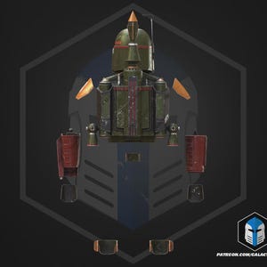 Op de afbeelding: Gedetailleerde illustratie van een groen en rood Mandalorian pantser, inclusief helm, jetpack en handschoenen. Het pantser heeft een verweerde uitstraling met oranje accenten. De afbeelding staat tegen een donkere achtergrond met een zeshoekige omtrek.