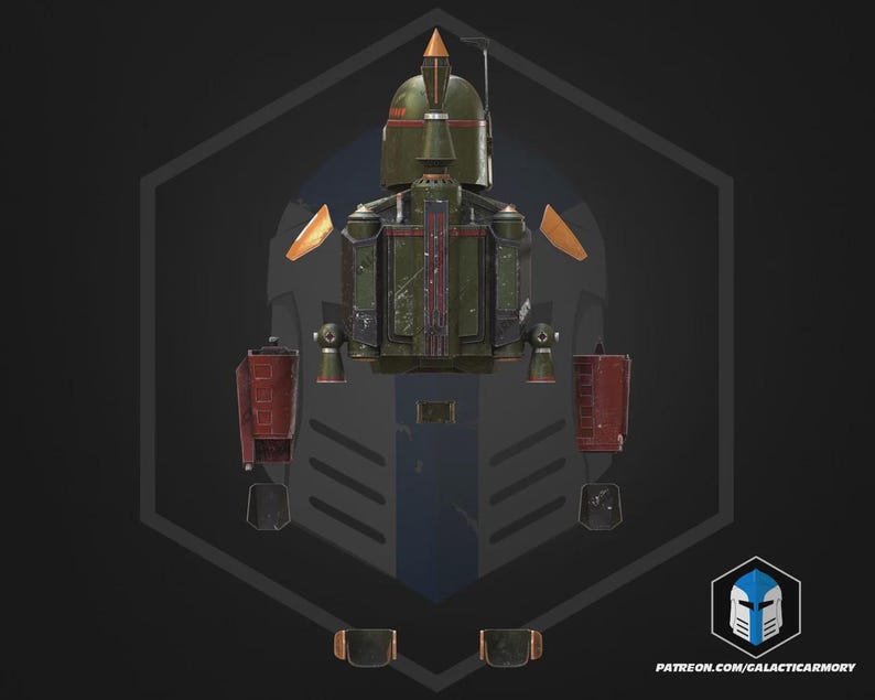 Op de afbeelding: Gedetailleerde illustratie van een groen en rood Mandalorian pantser, inclusief helm, jetpack en handschoenen. Het pantser heeft een verweerde uitstraling met oranje accenten. De afbeelding staat tegen een donkere achtergrond met een zeshoekige omtrek.
