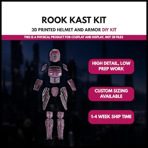 May include: A 3D printed Rook Kast helmet and armor DIY kit in a dark purple finish. The set includes a helmet, chest piece, shoulder guards, arm bracers, thigh plates, and shin guards. Text on the image reads ROOK KAST KIT, 3D PRINTED HELMET AND ARMOR DIY KIT, HIGH DETAIL, LOW PREP WORK, CUSTOM SIZING AVAILABLE, and 1-4 WEEK SHIP TIME.