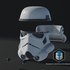 May include: A white and grey Stormtrooper helmet, shown in three separate parts: the top, face, and back. The helmet features black detailing and a complex design. The image includes the text "PATREON.COM/GALACTICARMORY".