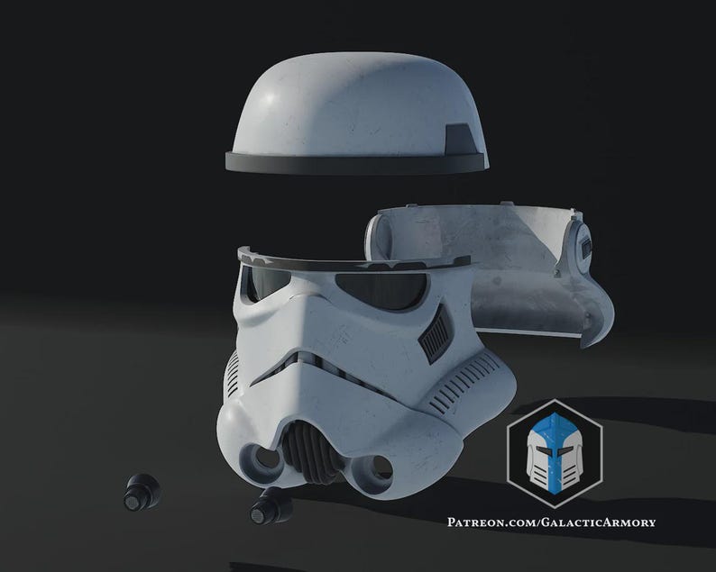 May include: A white and grey Stormtrooper helmet, shown in three separate parts: the top, face, and back. The helmet features black detailing and a complex design. The image includes the text "PATREON.COM/GALACTICARMORY".