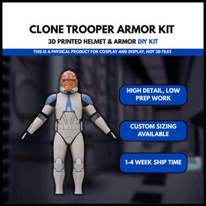 May include: A 3D printed Clone Trooper armor kit for cosplay and display. The helmet is orange and white, with blue accents on the armor. The text on the image says "Clone Trooper Armor Kit" and "3D Printed Helmet & Armor DIY Kit".
