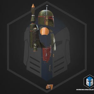 Op de afbeelding: Gedetailleerde illustratie van een Mandalorian-pantser, met een helm, borstpantser en jetpack. Het pantser is voornamelijk olijfgroen met rode en oranje accenten. De afbeelding staat tegen een donkere achtergrond met een geometrische omtrek.