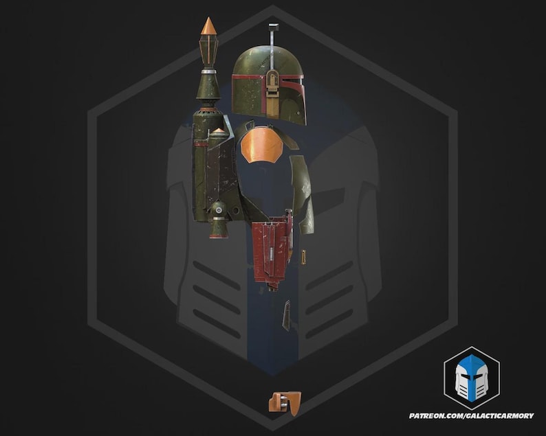 Op de afbeelding: Gedetailleerde illustratie van een Mandalorian-pantser, met een helm, borstpantser en jetpack. Het pantser is voornamelijk olijfgroen met rode en oranje accenten. De afbeelding staat tegen een donkere achtergrond met een geometrische omtrek.