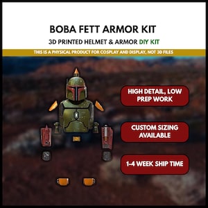Op de afbeelding: Een Boba Fett harnasset, inclusief een 3D-geprinte helm en harnasonderdelen voor cosplay en display. De set biedt hoge details, weinig voorbereiding en aangepaste maten. Tekst: 'Boba Fett Armor Kit'.