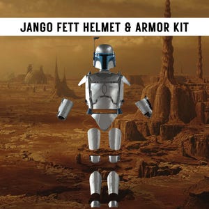 May include: A disassembled Jango Fett helmet and armor kit. The helmet is silver with blue accents. The armor pieces are silver and white, including chest plates, shoulder pads, and leg armor. The text "Jango Fett Helmet & Armor Kit" is at the top.