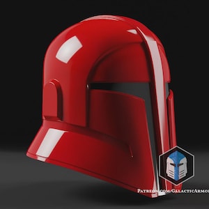 May include: A glossy red helmet with a black visor. The helmet has a rounded top and a rectangular side piece. The bottom of the helmet is angled. A logo is visible on the lower right side. The text "PATREON.COM/GALACTICARMORY" is at the bottom.