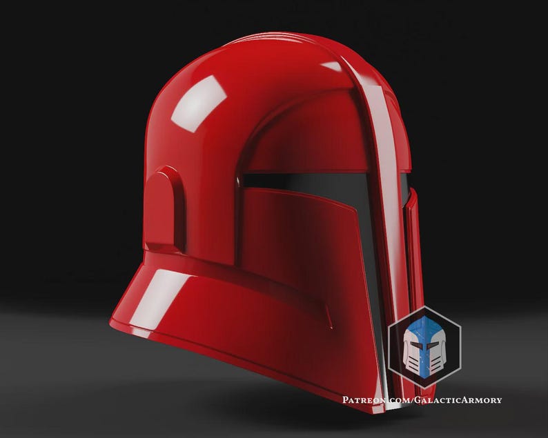May include: A glossy red helmet with a black visor. The helmet has a rounded top and a rectangular side piece. The bottom of the helmet is angled. A logo is visible on the lower right side. The text "PATREON.COM/GALACTICARMORY" is at the bottom.