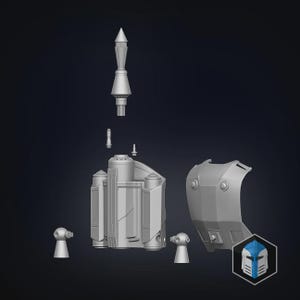 Op de afbeelding: Een grijs 3D-geprint model van een jetpack, met afzonderlijke componenten, waaronder een raket, brandstoftanks en schouderpantser. Het ontwerp heeft gedetailleerde panelen en een futuristische esthetiek, perfect voor cosplay of display.