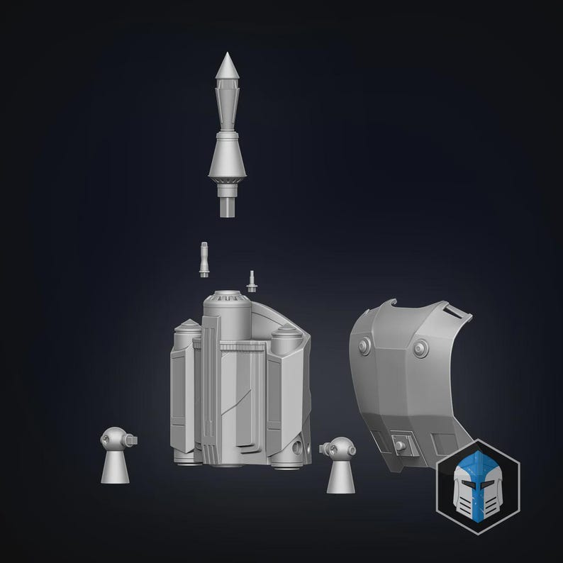 Op de afbeelding: Een grijs 3D-geprint model van een jetpack, met afzonderlijke componenten, waaronder een raket, brandstoftanks en schouderpantser. Het ontwerp heeft gedetailleerde panelen en een futuristische esthetiek, perfect voor cosplay of display.