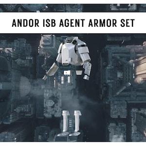 May include: A disassembled Andor ISB Agent armor set, featuring a white and gray color scheme. The set includes a chest piece, arm guards, leg armor, and other components, all displayed against a backdrop of a futuristic cityscape.