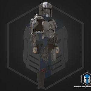 May include: A detailed, disassembled Mandalorian armor set in shades of gray and silver, with visible components including a helmet, chest plate, and leg armor. The design features a sleek, metallic aesthetic, with a dark background and a logo in the lower right corner.