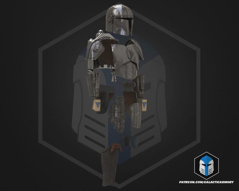 May include: A detailed, disassembled Mandalorian armor set in shades of gray and silver, with visible components including a helmet, chest plate, and leg armor. The design features a sleek, metallic aesthetic, with a dark background and a logo in the lower right corner.