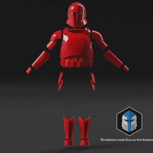 May include: A disassembled red armor set, including a helmet, chest piece, arm and leg components, and lightning bolt-shaped pieces. The armor is displayed against a dark background. The Galactic Armory logo is in the bottom right corner.