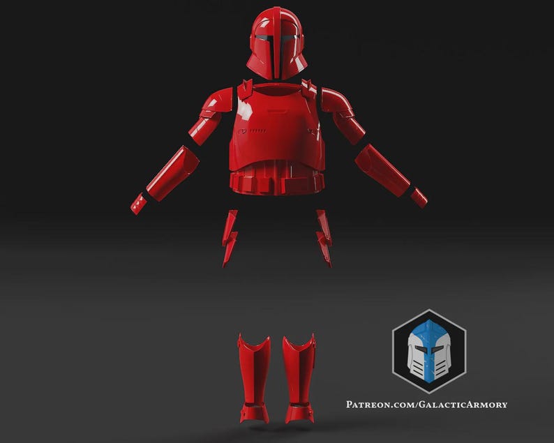 May include: A disassembled red armor set, including a helmet, chest piece, arm and leg components, and lightning bolt-shaped pieces. The armor is displayed against a dark background. The Galactic Armory logo is in the bottom right corner.