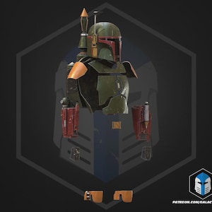 Op de afbeelding: Gedetailleerde illustratie van een groene, oranje en rode Mandalorian helm en harnasset. De afbeelding toont een helm met een T-vormig vizier, schouderbeschermers en borstpantser. De achtergrond is donker met een zeshoekige omtrek.