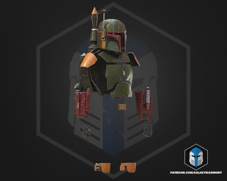 Op de afbeelding: Gedetailleerde illustratie van een groene, oranje en rode Mandalorian helm en harnasset. De afbeelding toont een helm met een T-vormig vizier, schouderbeschermers en borstpantser. De achtergrond is donker met een zeshoekige omtrek.