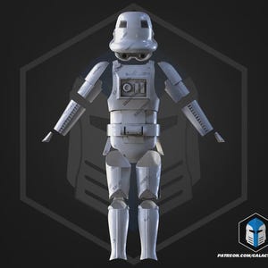 May include: A white Stormtrooper armour set, with segmented limbs and a helmet featuring a distinctive visor. The armour is displayed against a dark background with a geometric emblem and the text "PATREON.COM/GALACTICARMORY".