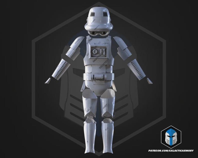 May include: A white Stormtrooper armour set, with segmented limbs and a helmet featuring a distinctive visor. The armour is displayed against a dark background with a geometric emblem and the text "PATREON.COM/GALACTICARMORY".