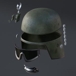 May include: An exploded view of a military helmet, showcasing its components. The helmet is olive drab, with a separate inner shell, goggles, and various attachments. The image is set against a gray background.