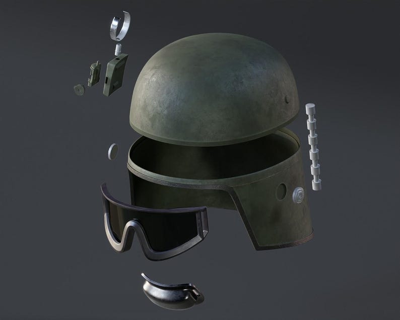May include: An exploded view of a military helmet, showcasing its components. The helmet is olive drab, with a separate inner shell, goggles, and various attachments. The image is set against a gray background.