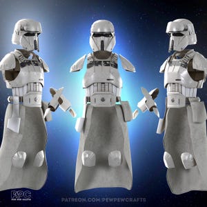 May include: Three white and gray Stormtrooper armor sets, each with a helmet, chest plate, and cape. The armor is detailed with various panels and straps. The background is a dark blue with white dots. The text "PATREON.COM/PEWPEWCRAFTS" is visible.