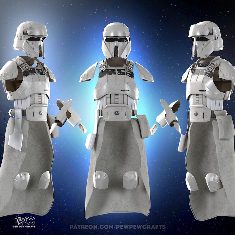 May include: Three white and gray Stormtrooper armor sets, each with a helmet, chest plate, and cape. The armor is detailed with various panels and straps. The background is a dark blue with white dots. The text "PATREON.COM/PEWPEWCRAFTS" is visible.