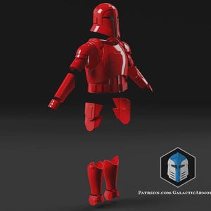 May include: A red, segmented armor set, possibly for cosplay or display, is displayed against a dark background. The armor includes a helmet, chest piece, arm and leg components. The design suggests a futuristic or science fiction theme.