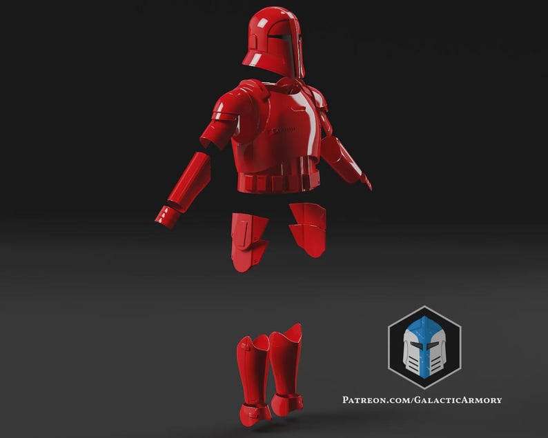 May include: A red, segmented armor set, possibly for cosplay or display, is displayed against a dark background. The armor includes a helmet, chest piece, arm and leg components. The design suggests a futuristic or science fiction theme.