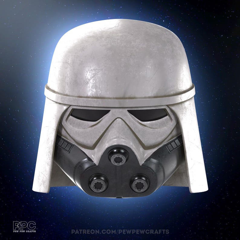 May include: A white and black Snowtrooper helmet with a weathered appearance. The helmet features a distinctive design with a rounded top, a visor, and a respirator. The image includes the text "PEW PEW CRAFTS" and "PATREON.COM/PEWPEWCRAFTS".