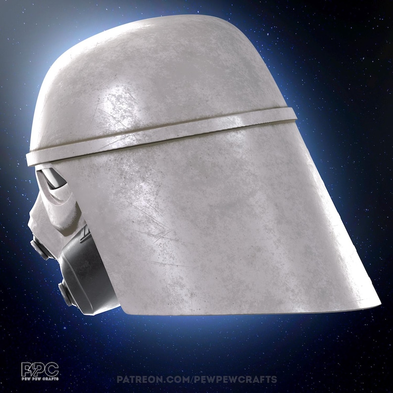 May include: A side view of a weathered, off-white helmet with a distinctive design. The helmet features a rounded top, a horizontal band, and a detailed face mask with a dark gray respirator. The image has the text "PEW PEW CRAFTS" and "PATREON.COM/PEWPEWCRAFTS".