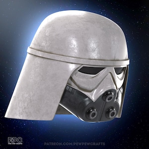 May include: A weathered white helmet with a distinctive design, featuring a visor and a respirator. The helmet has a textured surface and is set against a dark blue background. The text "PEW PEW CRAFTS" and "PATREON.COM/PEWPEWCRAFTS" are visible.
