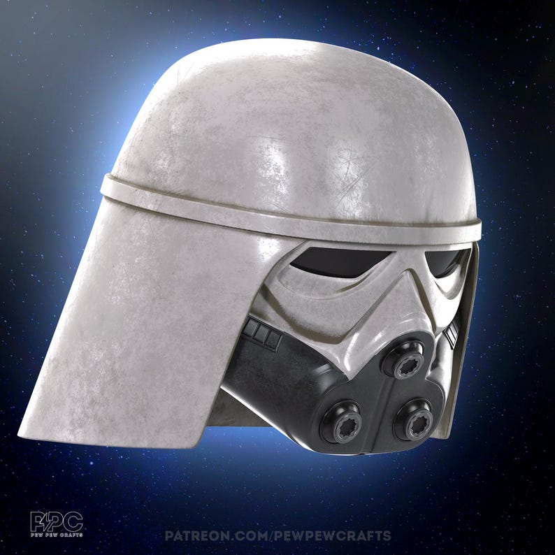 May include: A weathered white helmet with a distinctive design, featuring a visor and a respirator. The helmet has a textured surface and is set against a dark blue background. The text "PEW PEW CRAFTS" and "PATREON.COM/PEWPEWCRAFTS" are visible.