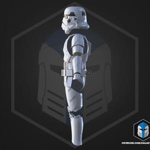 May include: A white Stormtrooper armour set, including a helmet, chest, and leg pieces. The armour has a sleek, futuristic design with detailed paneling and accents. The image is set against a dark background with a hexagonal graphic and a logo in the bottom right corner.