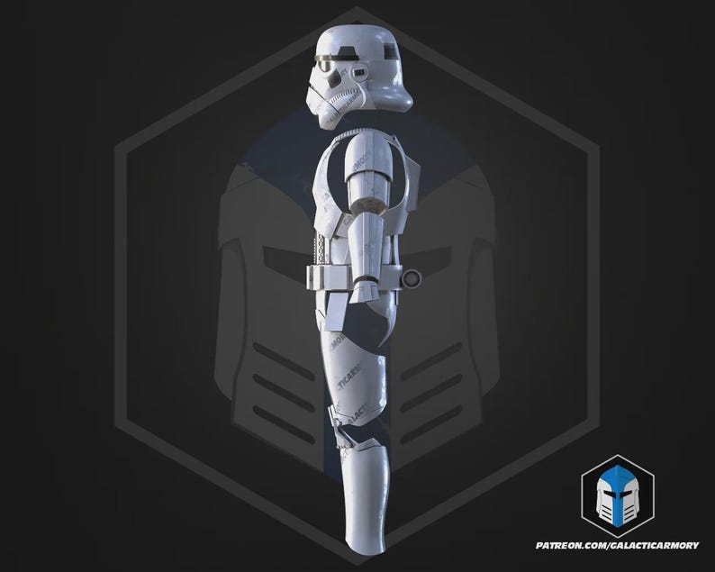 May include: A white Stormtrooper armour set, including a helmet, chest, and leg pieces. The armour has a sleek, futuristic design with detailed paneling and accents. The image is set against a dark background with a hexagonal graphic and a logo in the bottom right corner.