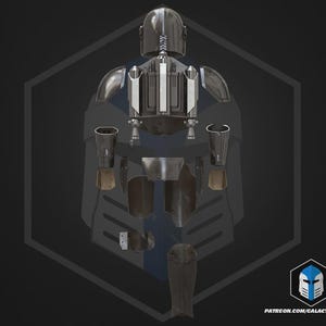 May include: A disassembled Mandalorian armor set, featuring a helmet, chest plate, shoulder pads, and leg armor. The armor is primarily metallic silver with blue and black accents. The image includes a logo and website address in the bottom right corner.