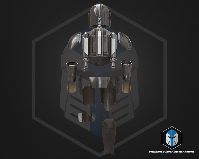 May include: A disassembled Mandalorian armor set, featuring a helmet, chest plate, shoulder pads, and leg armor. The armor is primarily metallic silver with blue and black accents. The image includes a logo and website address in the bottom right corner.