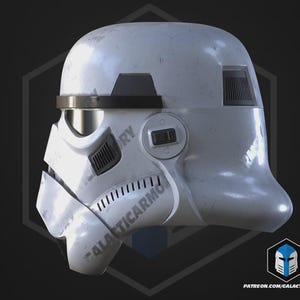 May include: A white and grey Stormtrooper helmet with black detailing. The helmet features a smooth, curved design with a visor, vents, and a circular control panel. This helmet is a prop from the Star Wars franchise.