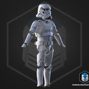 May include: A white Stormtrooper armour set, including a helmet, chest, arm, and leg pieces. The armour has a weathered appearance, with visible wear and tear. The background is dark with a hexagonal emblem and a logo in the bottom right corner.