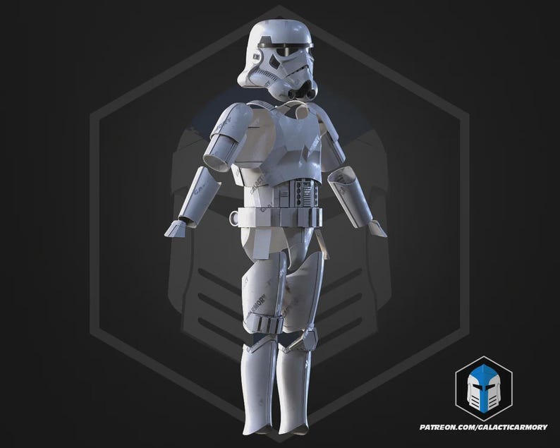May include: A white Stormtrooper armour set, including a helmet, chest, arm, and leg pieces. The armour has a weathered appearance, with visible wear and tear. The background is dark with a hexagonal emblem and a logo in the bottom right corner.